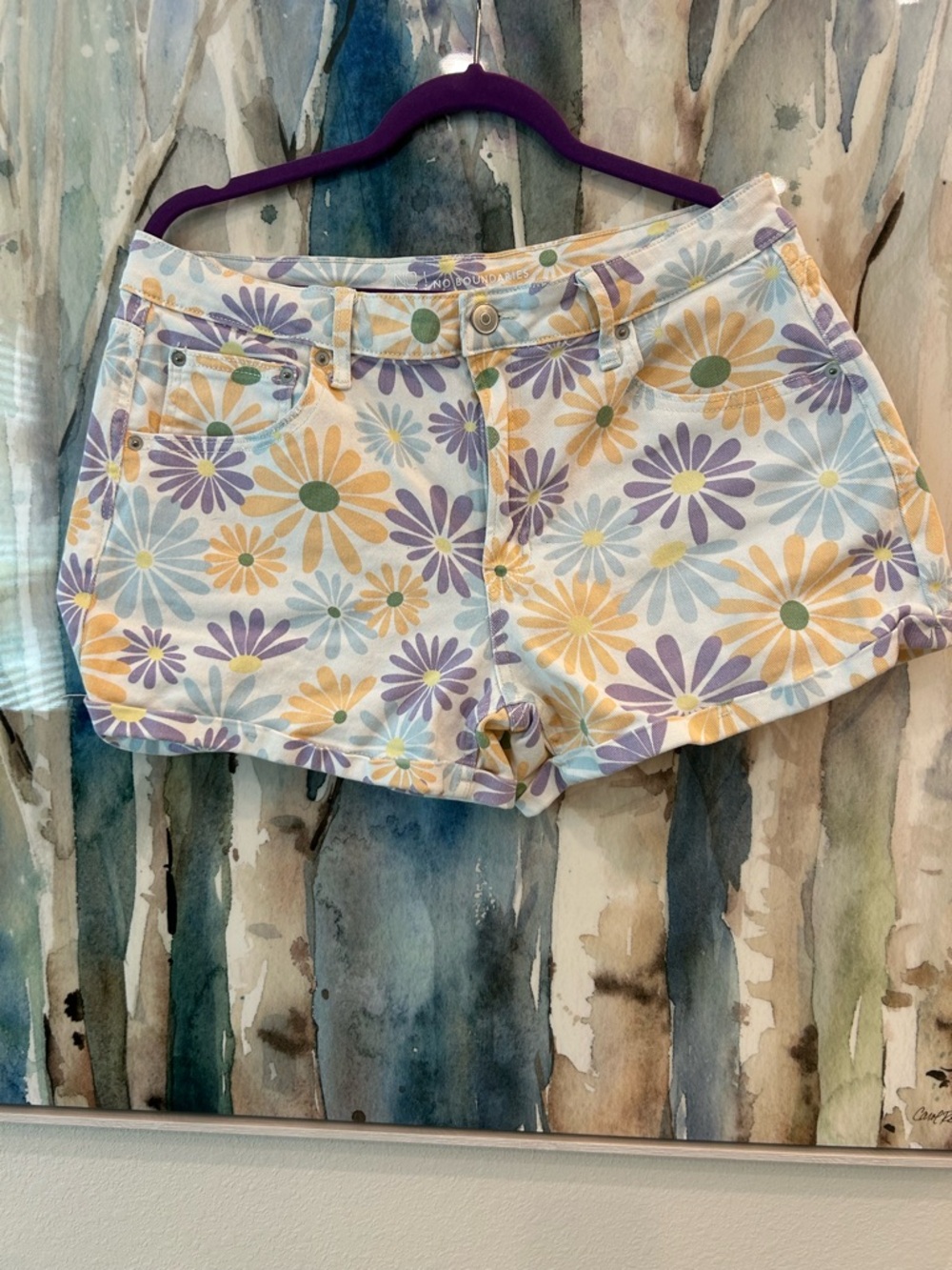 No Boundaries Daisy Print Jean Shorts in Purple, Yellow, Green, Blue